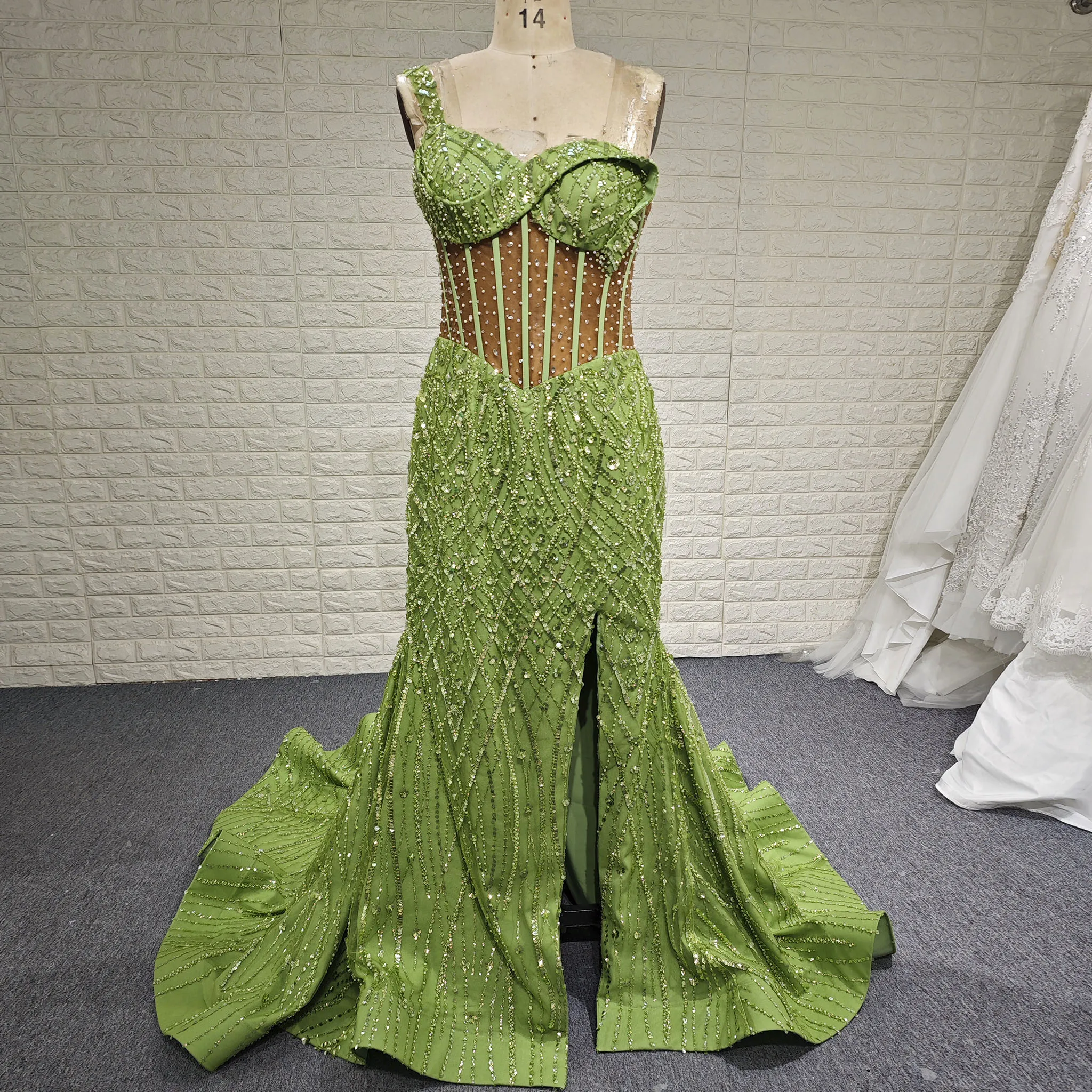 

Rosymae Green One-Shoulder Long Evening Dress Formal Gown with Leg Slit Sparkling Sheer Bodice Mermaid Silhouette Spring Formal
