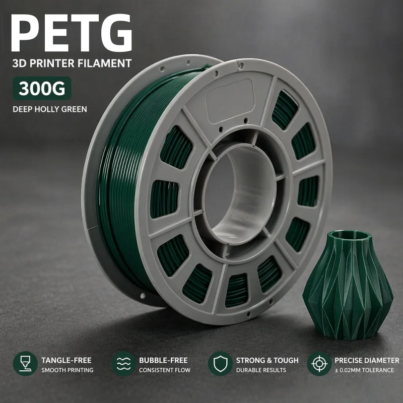 300g Holly Green PETG Filament 1.75mm, High Toughness & Durable 3D Printer Filament, Tangle-Free Smooth Extrusion Compact Spool for Functional Parts and DIY Models