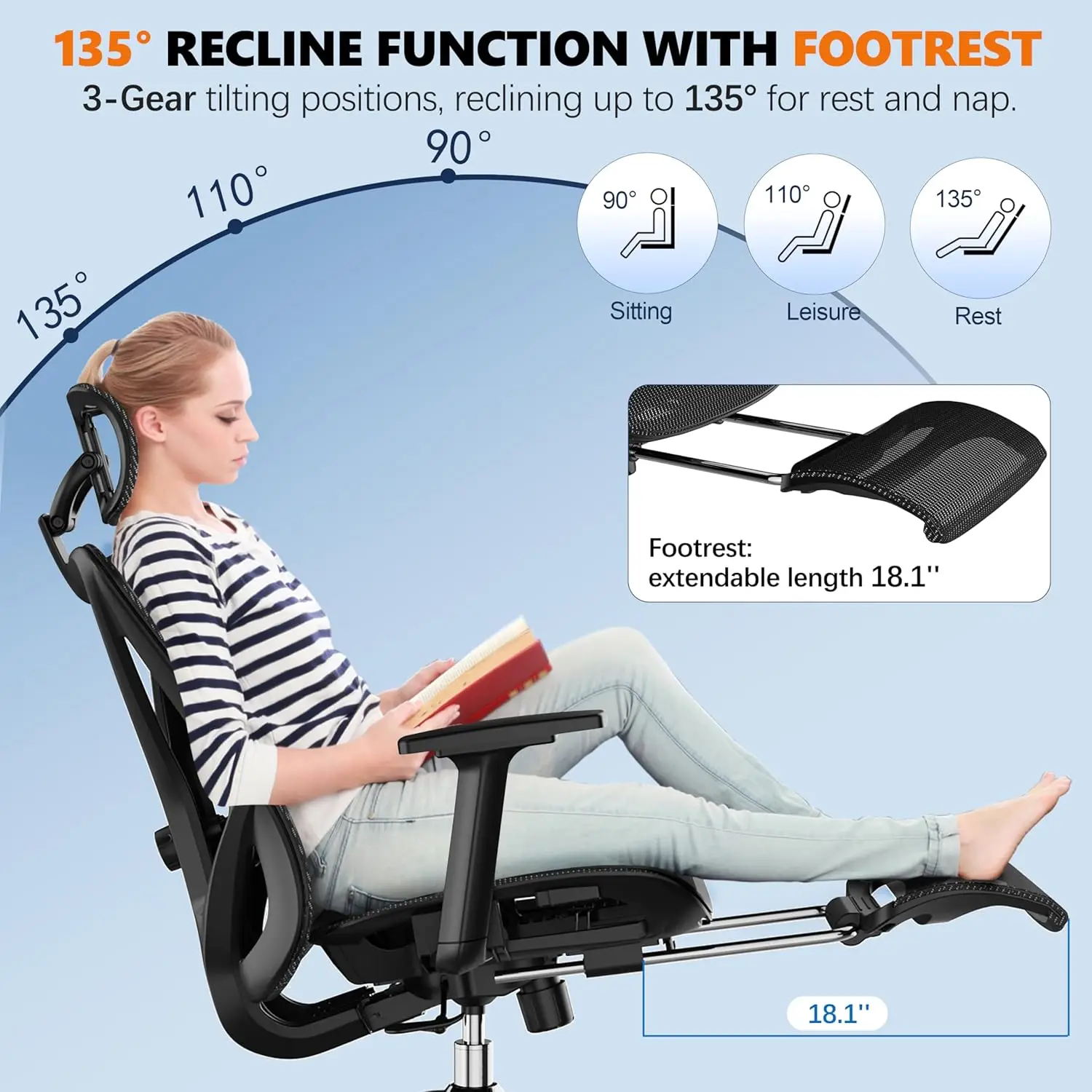 Ergonomic Office Chair with Adjustable Lumbar Support, 3D Armrests & Headrest, 135° Reclining Chair with Footrest & Steel Base