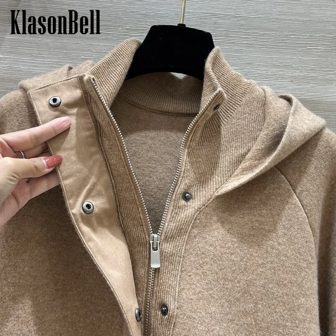 8.22 KlasonBell Women Fashion Stand Collar Hooded Cashmere Jacket Detachable Adjustable Big Pocket Zipper Coat