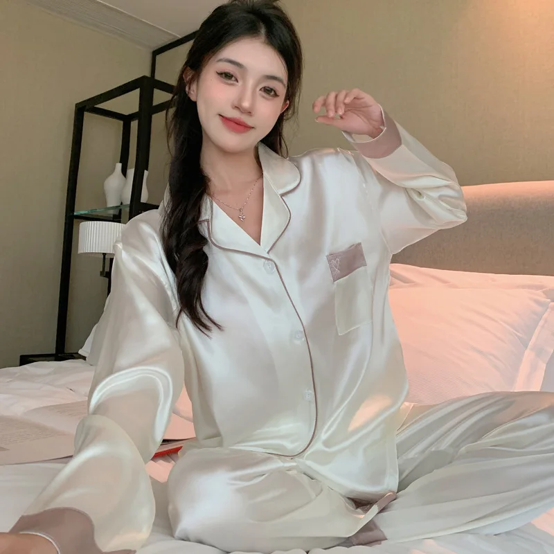 

Spring and Summer New Ice Silk Heart Sweet and Simple Pajamas for Women, Long-Sleeve Top and Long Pants Homewear Two-Piece Set