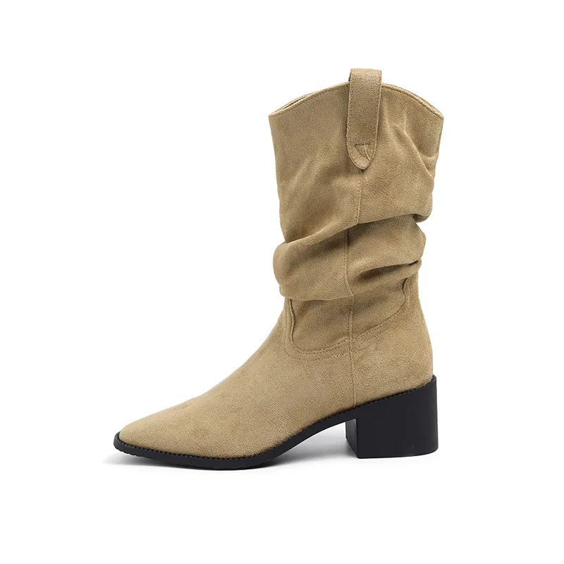 Botas de vaquero del oeste para mujer, botas de tubo medio Retro versátiles para Cosplay, mangas de tacón alto, botas informales para fiesta de Halloween 2025