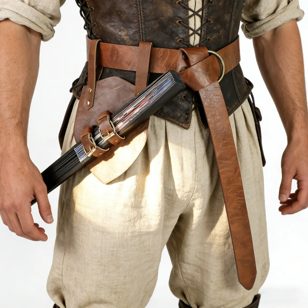 2 Pcs Medieval Brown PU Leather Belt Set with Dual Buckle Fan Sheath Holder (Fan Not Included) | Men's Viking Style Cosplay Stag