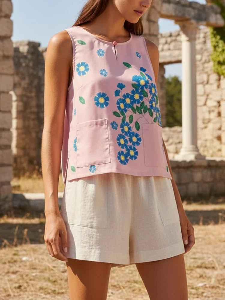 

ZANZEA Women's Floral Print Sleeveless Tops Casual O-Neck Patch Pockets Woman Tanks Tops 2025 Summer Holiday Daily Wear S-3XL