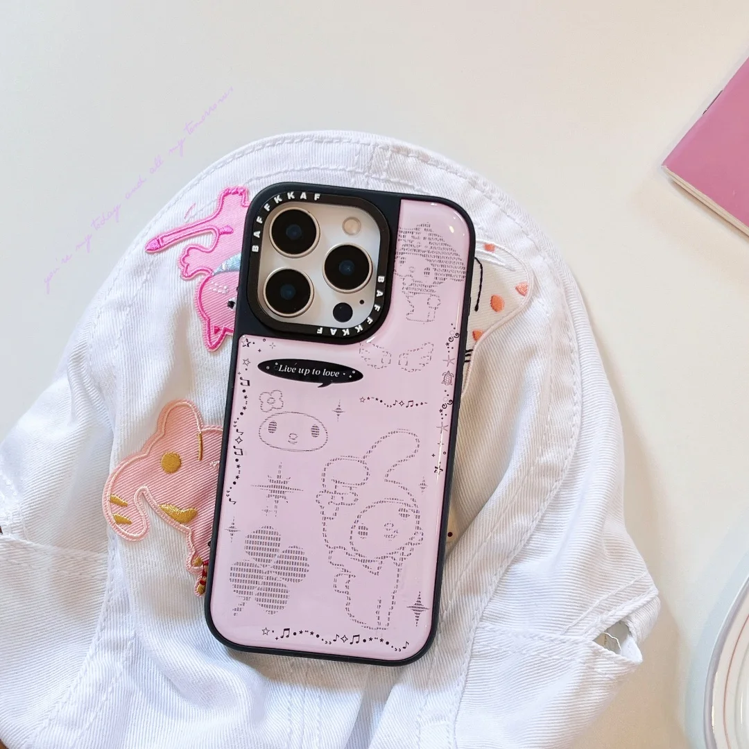 Coque de téléphone de luxe rose mignonne My Melody pour iPhone 13 14 15 16 Pro Max bordure noire époxy goutte à goutte adhésif couverture arrière en Silicone ﻿ ﻿