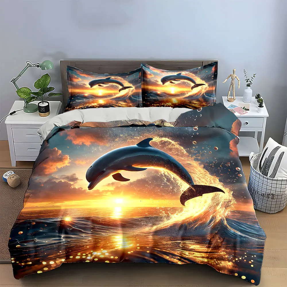 

"Dolphin Sunset Ocean Art Set" Soft Skin-Friendly Bedding Set Includes 1 Duvet Cover And 2 Pillowcase, Gift