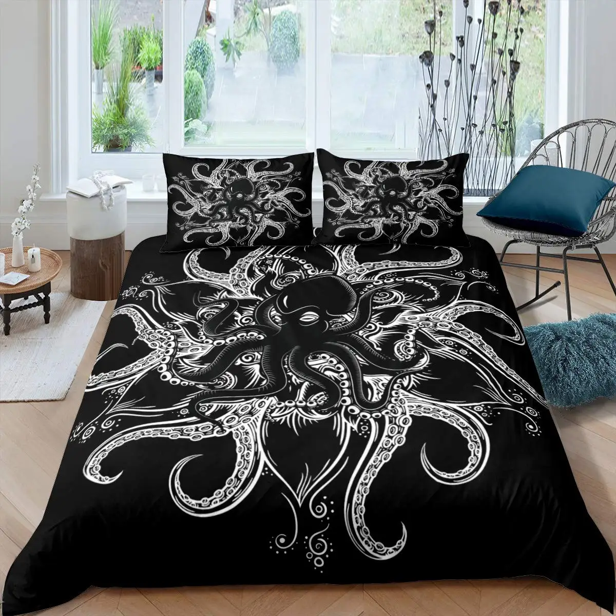 Cyan Octopus Bedding Sealife Duvet Cover Ocean Animals Comforter Cover for Kids Teens Adults Bedroom Decoration 3 Pcs Bedding