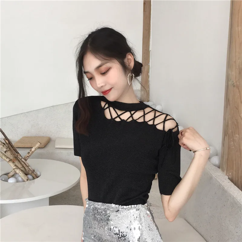 

Korean Chic Hollow Out Bandage T Shirts Summer New Short Sleeve Solid Off Shoulder Slim Fashion Tops Y2K Sexy Women Clothing