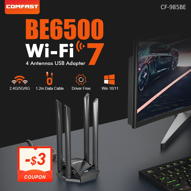 Adapter WiFi 7 USB BE6500 Dongle 2.4G/5.8G/6GHz Bez sterownika 4 anteny 6452M E-Sport Gigabitowa bezprzewodowa karta sieciowa PC Win10/11