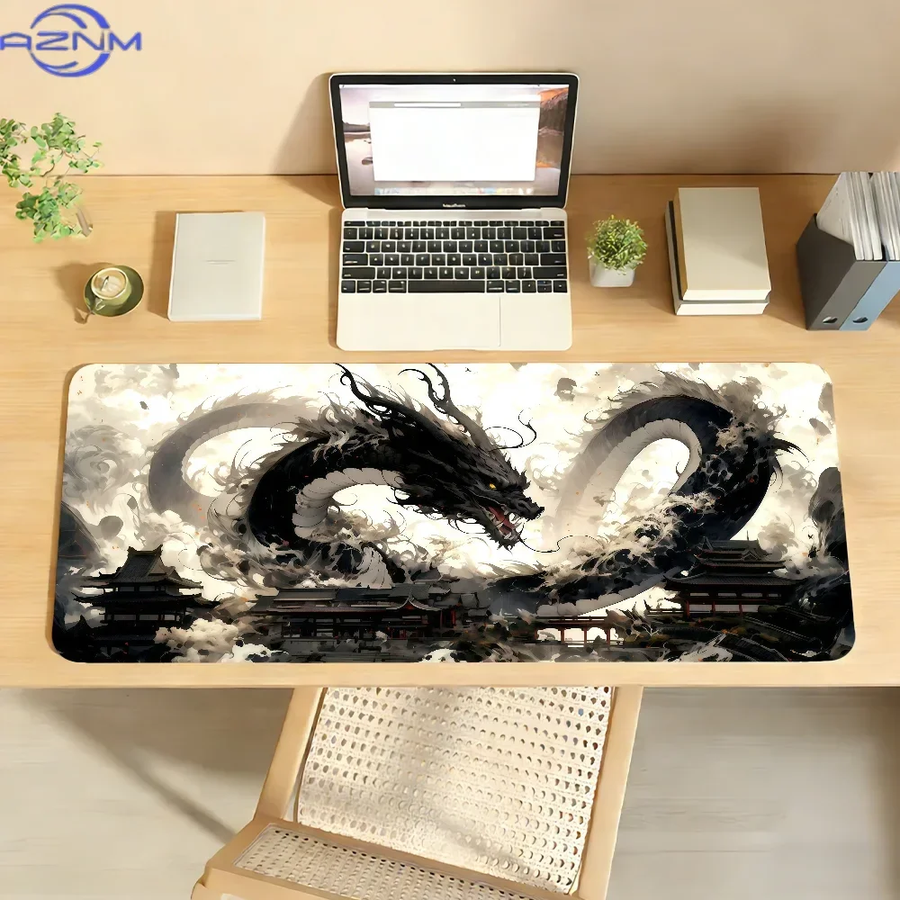 Chinese Ink Style Black Dragon Mousepad Rubber Non-Slip Large Desk Mat Ancient Building Cloud Pattern Keyboard Pad for Gaming Of