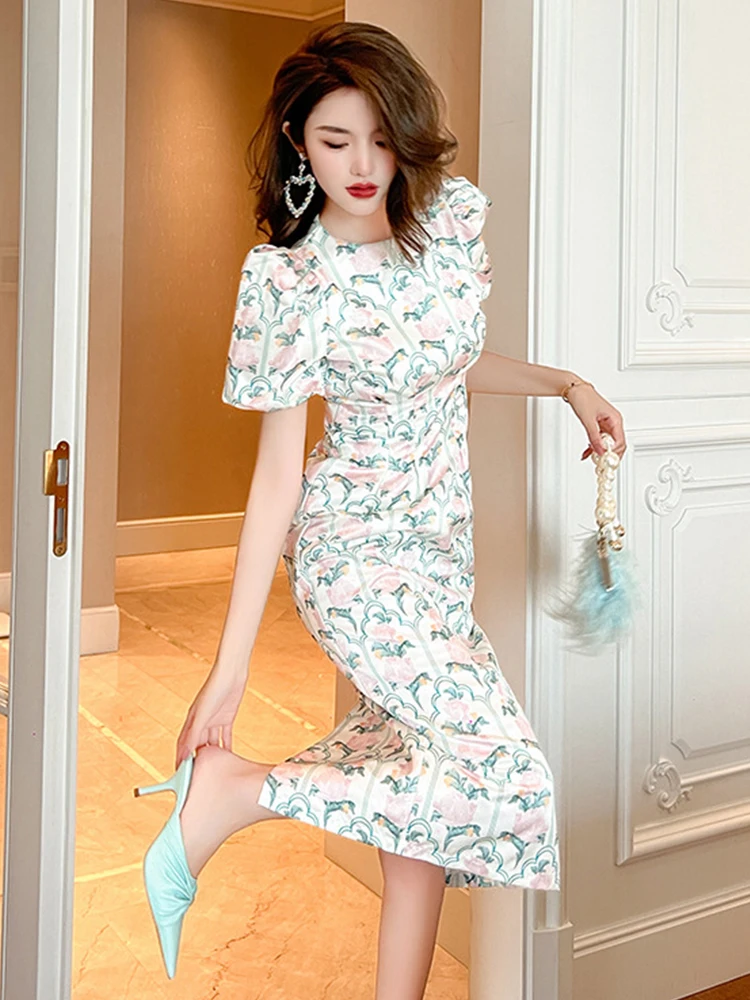 Summer Elegant Office Women Evening Dress Sweet Print O-Neck Slim Midi  Dresses Party Gown Vacation Birthday Robe Mujer Vestidos