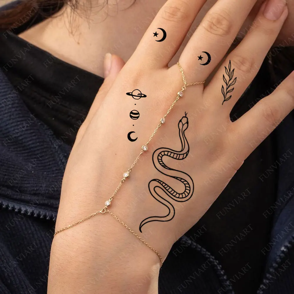 Small Tattoo Stickers for Finger Flower Snake Moon Leaf Design Temporary Tattoos for Hand Body Decor Fake Tattoo for Women