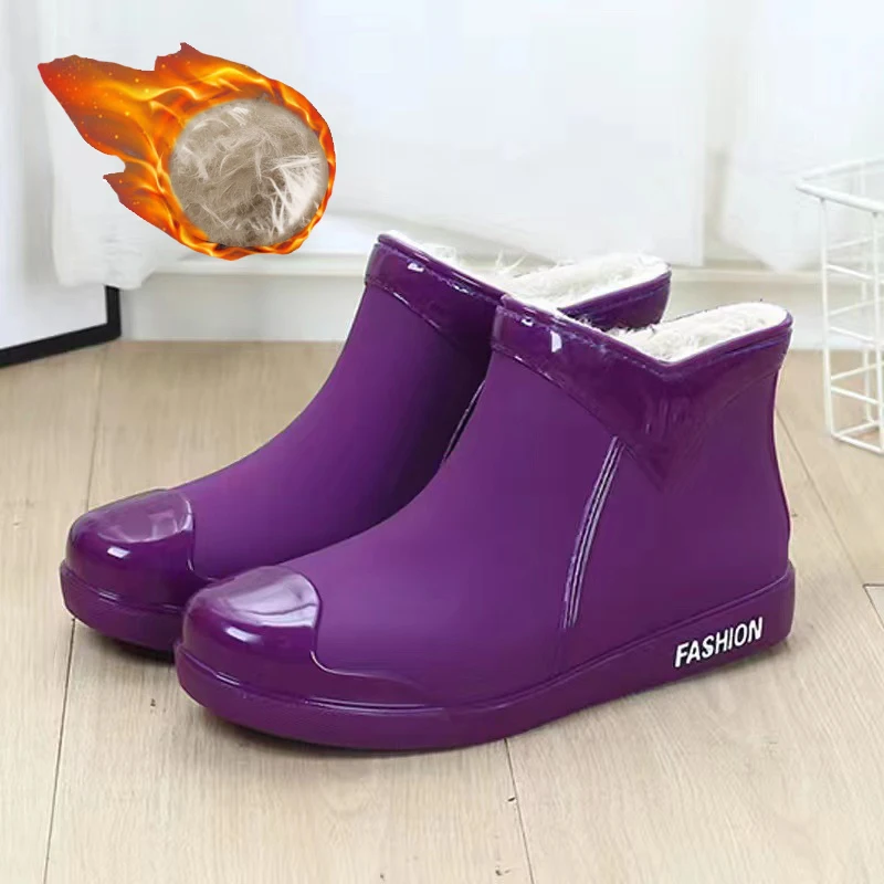 Warm rain boots for women waterproof rainshoes female short plush ankle rain boot with fur woman galoshes winter rubber rainboot