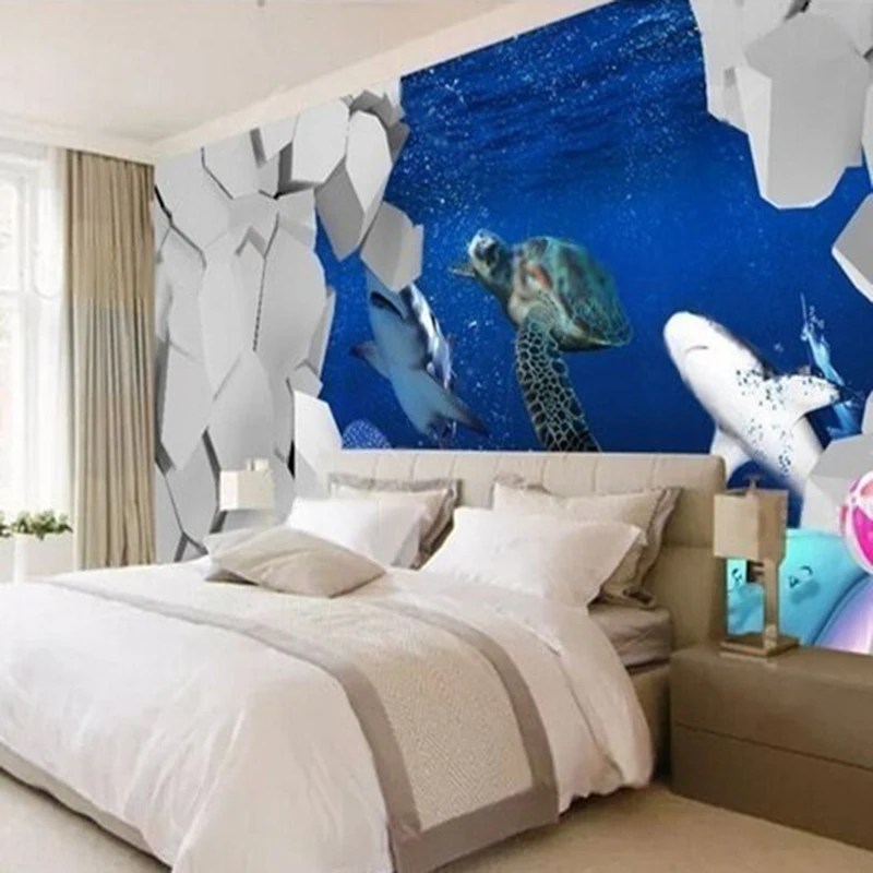 Modern 3D stereoscopic dolphin swimming fish children's room wallpaper TV luxury home decoration bedroom background wall