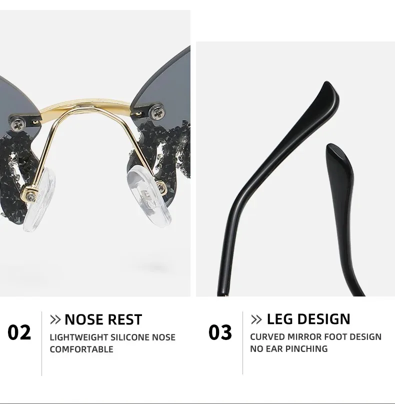 Diamant Randlose Sonnenbrille Damen Luxusmarke Strass Sonnenbrillen Sexy Tränenform Punk Party Eyewear Gafas De Sol – Detail 13