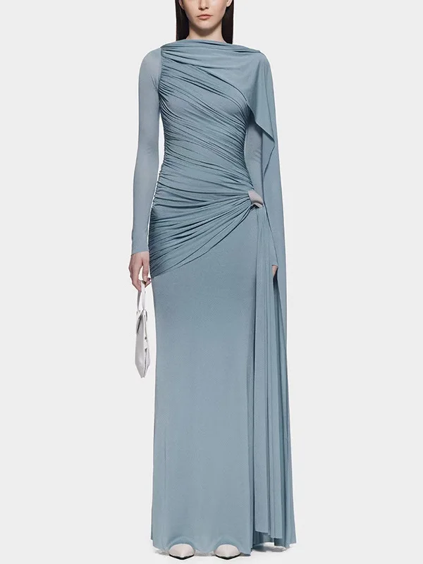  2026 Spring New Pleated Ribbon Slim Fit Dress, Elegant And Intellectual Early Autumn Solid Color Irregular High-End Long Skirt
