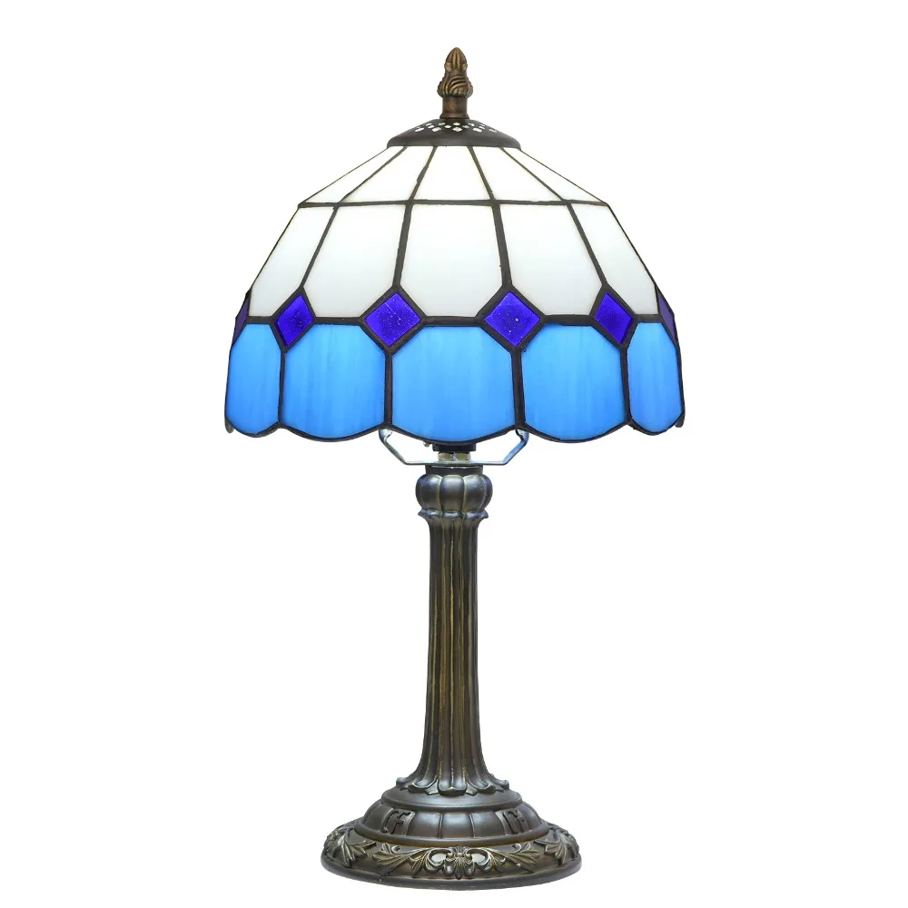 20cm Stained Glass Desk Lamp Simple European Blue Mediterranean Bedroom Night Light Bedside Table Lamp