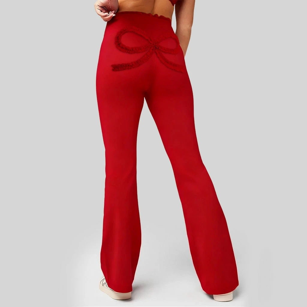 Women Floral Lace Trim Patchwork High Waist Long Pants Back Ruffle Bow Decor Slim Flared Trousers For Valentine's Day