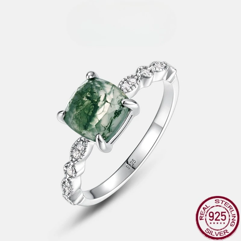 

New S925 pure silver simple and fashionable green moss stone inlaid with natural water grass agate ring wedding jewelry
