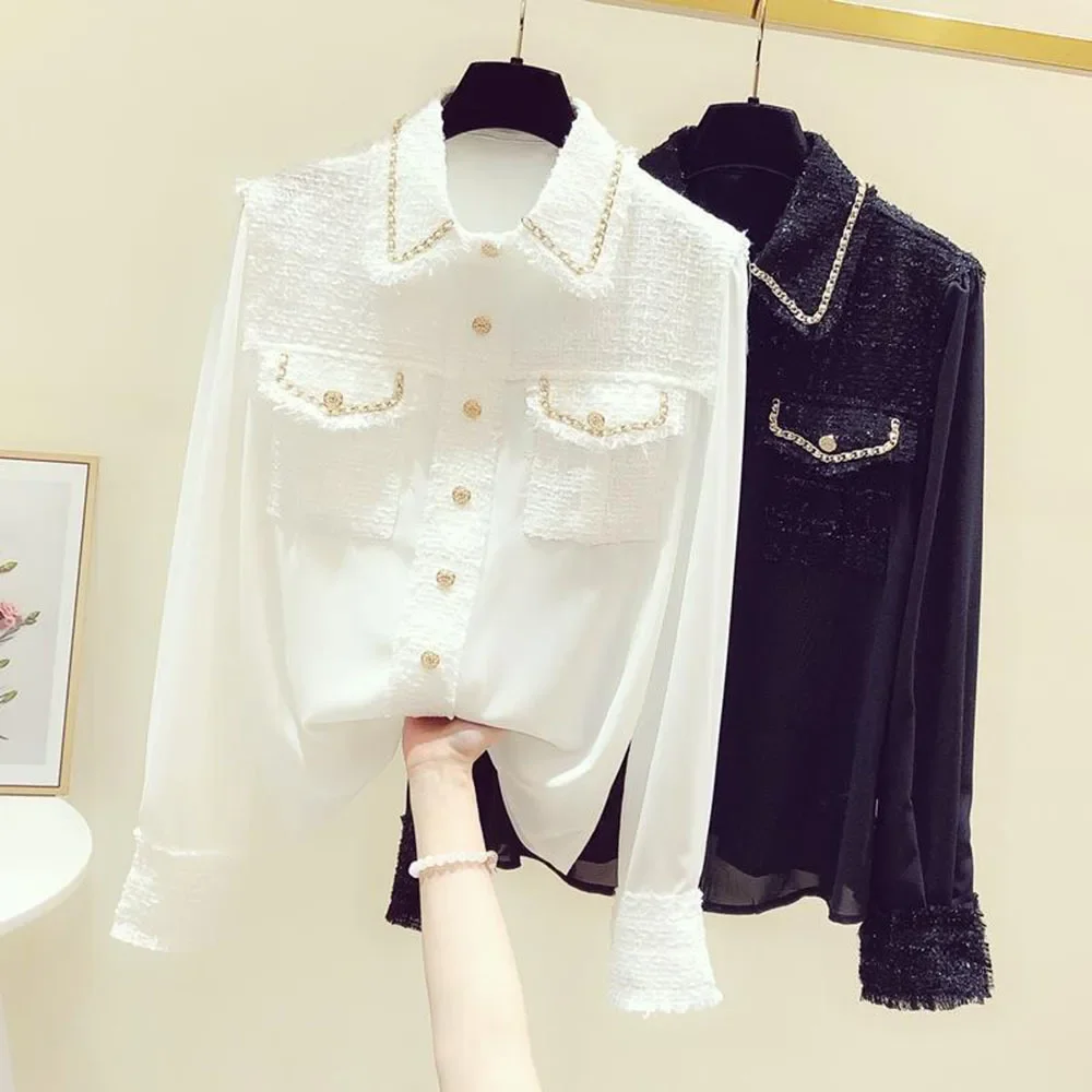 

3XL French Retro Small Fragrance Wind Woman Blouse Tweed Splice Shirt Womens Clothing 2024 Spring Autumn New Design Chiffon Top