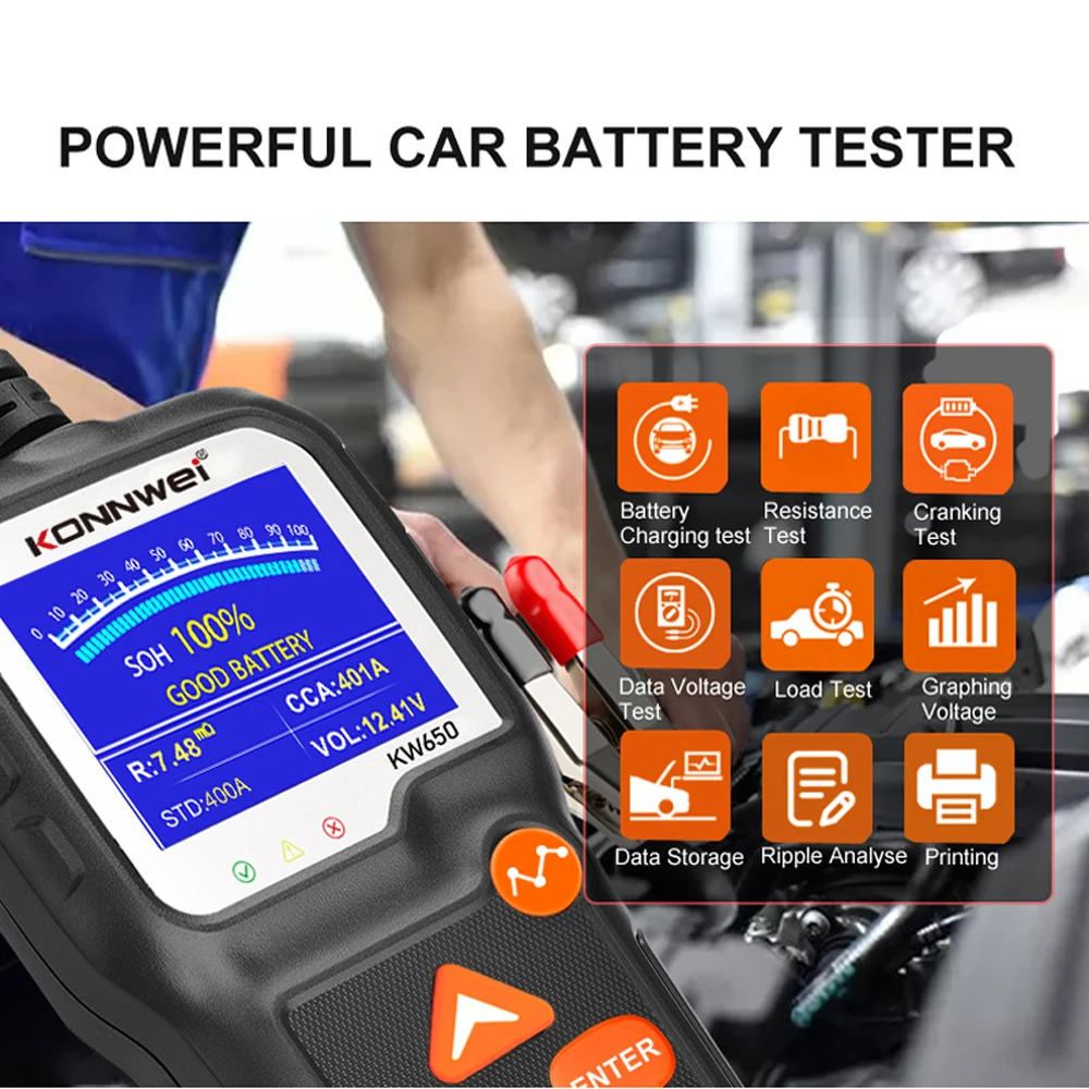 Car Motorcycle Battery Tester For 12V 6V Battery System Analyzer 2000CCA Charging Cranking Test Tools KONNWEI KW650