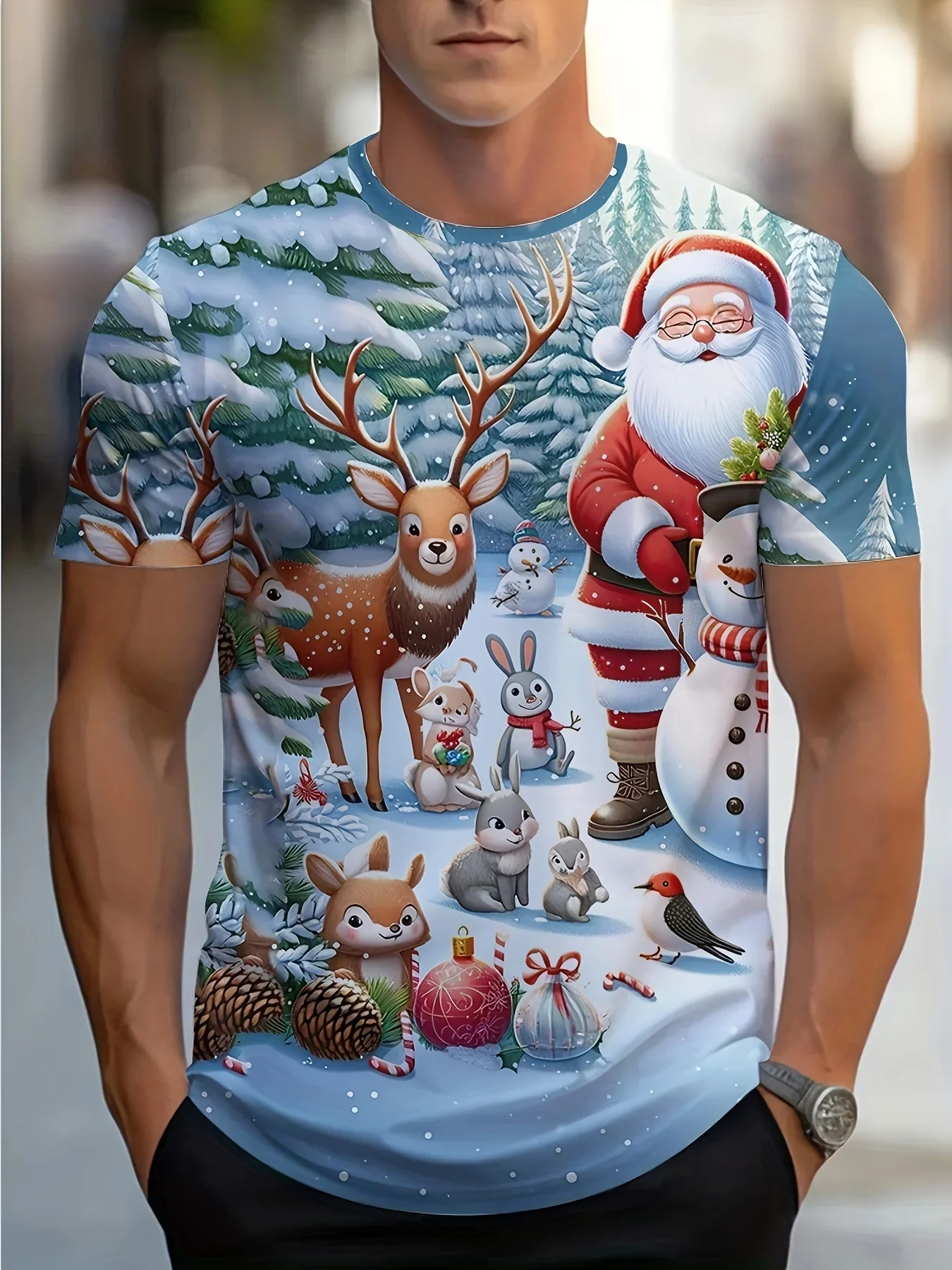 Fashion Men's Split Snowflake Santa Claus T Shirt Peeking Half Santa Christmas Color Block Crew Neck Short Sleeve Novelty Tee