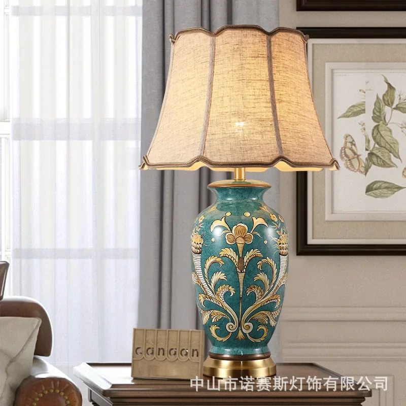 Copper Table Lamp American Style for Living Room Jingdezhen Ceramic Lamp Luxury Bedroom Bedside Decorated LED Lamp