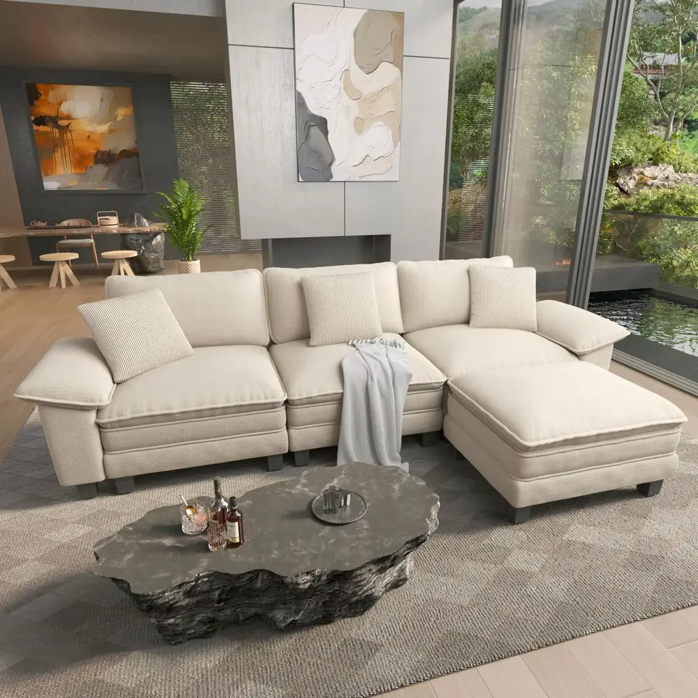 

HOUSE 124 Modular Sectional Sofa, Oversized L Shaped Couches for Living Room, Comfy Cloud Couch with Ottoman, 4Seater Deep Seat