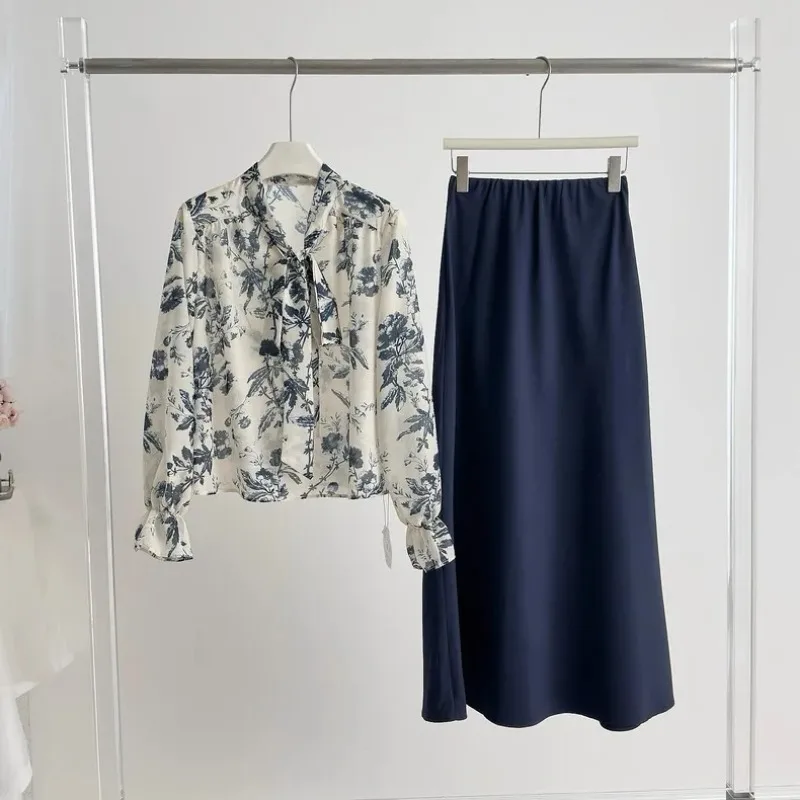 Womens Early Autumn Ink Print Bow Tie Blouse And Midi Skirt Two Piece Set Elegant Casual Outfits