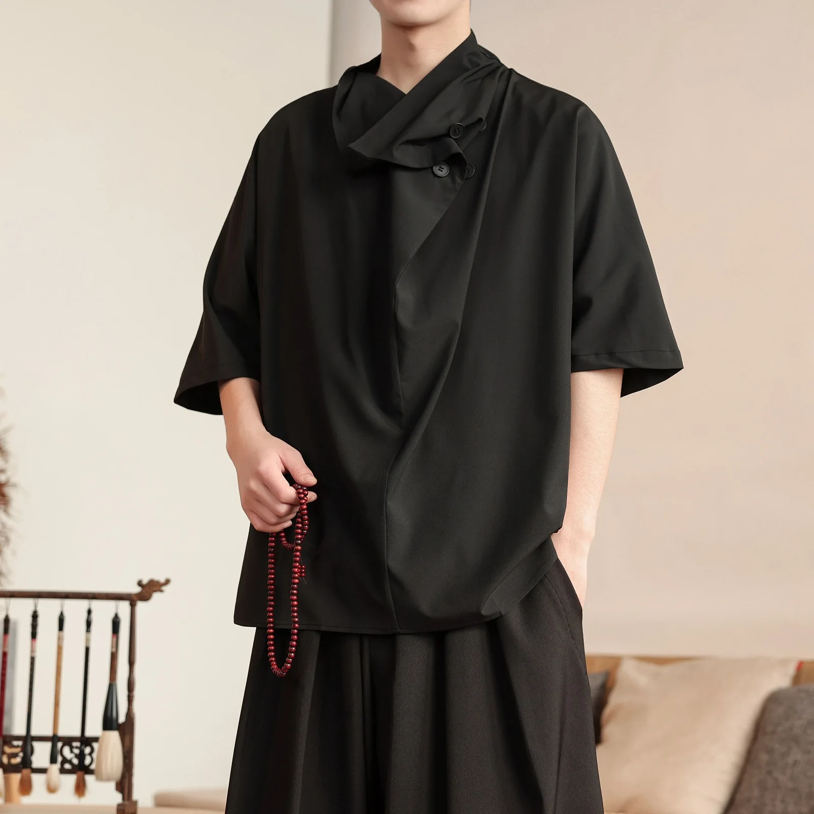 Summer Chinese Style Men's Dark Ice Silk Niche Design High Pile Collar Five-point Short-sleeved