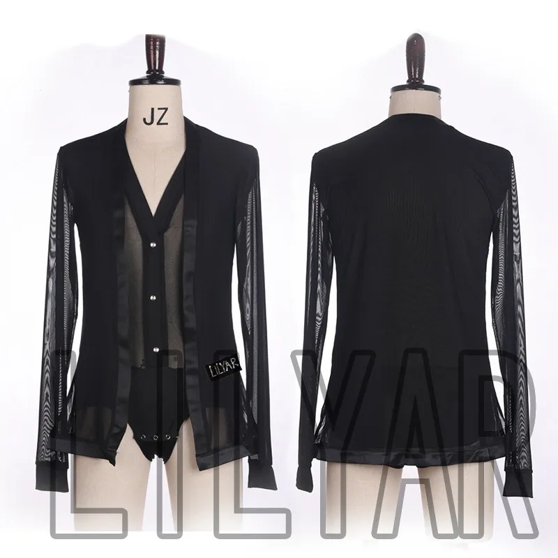 

Customized Men's Latin Dance Top Two Piece Practice Dress V-neck Black Sexy Mesh Performance Dress