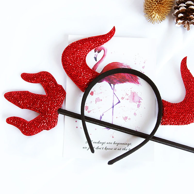 2 unids/set Halloween cuerno de buey diadema tenedor conjunto accesorios de disfraz de fiesta muletas del diablo Cosplay demonio divertido tocado rojo Decoración