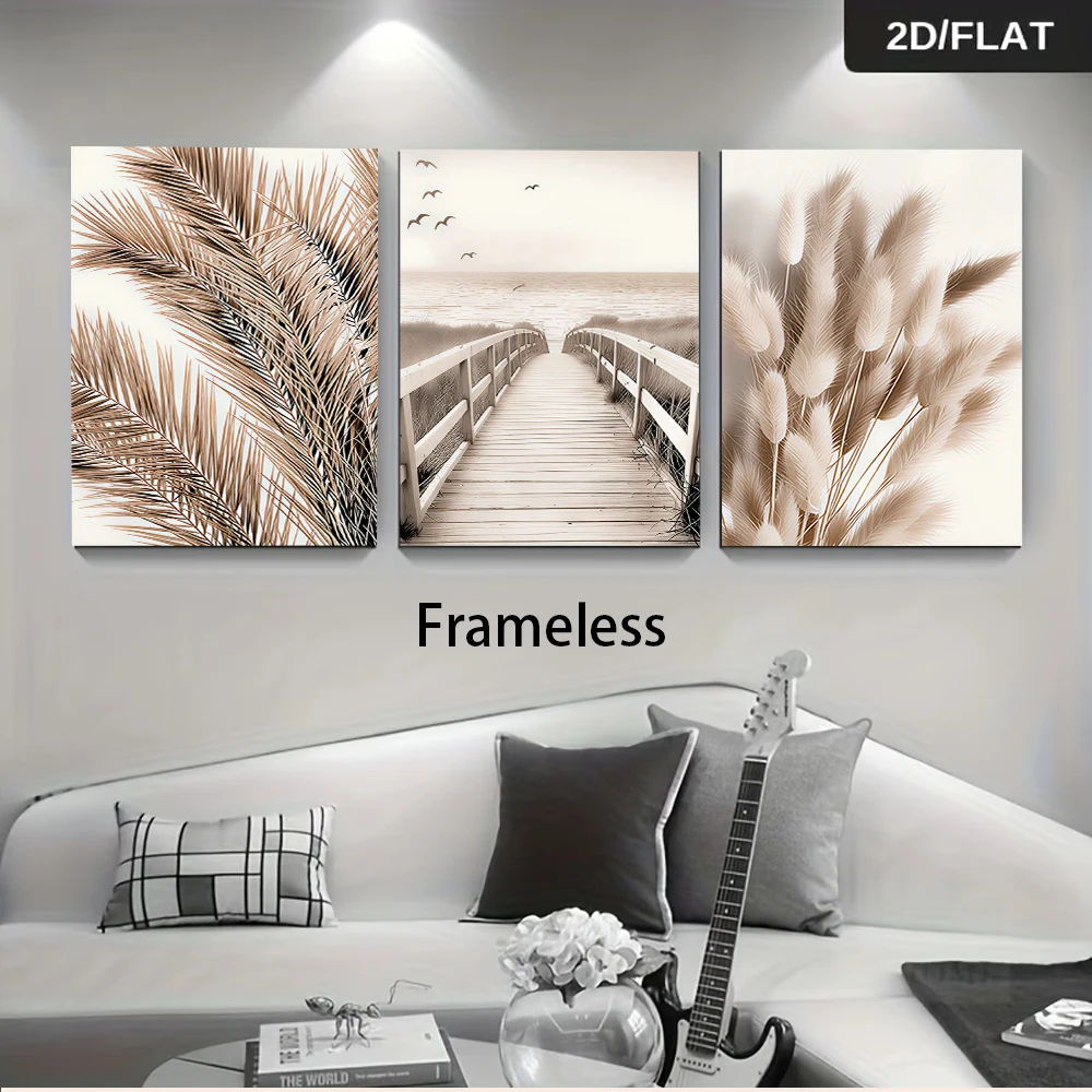 1 set of frameless three-panel decorative paintings for home use: palm leaves, reeds, and seascape mural (2D).