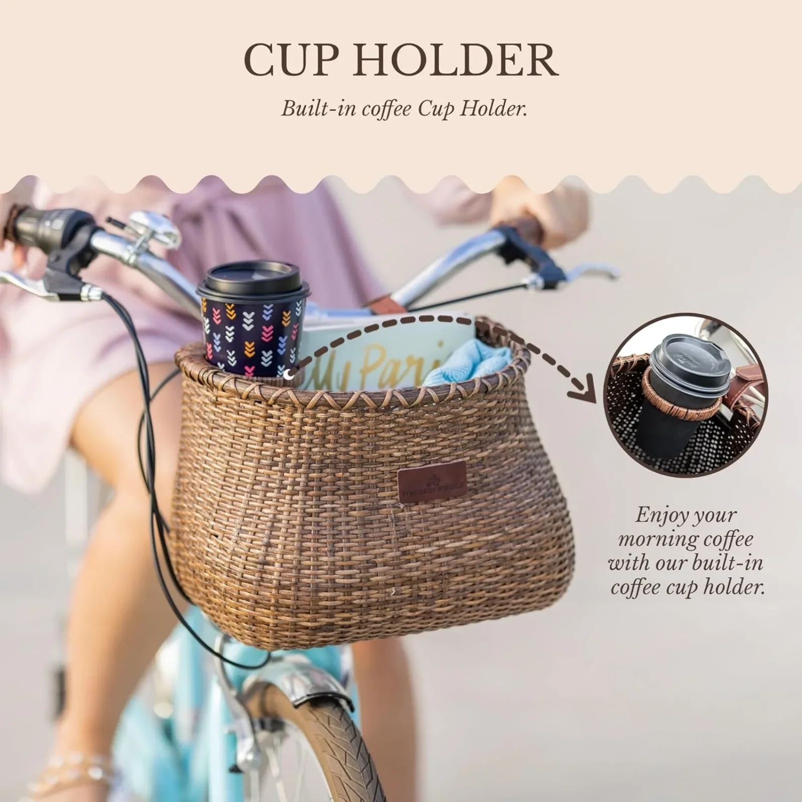 US Bike Basket Front for Women's and Mens Cruiser with Coffee Cup Holder