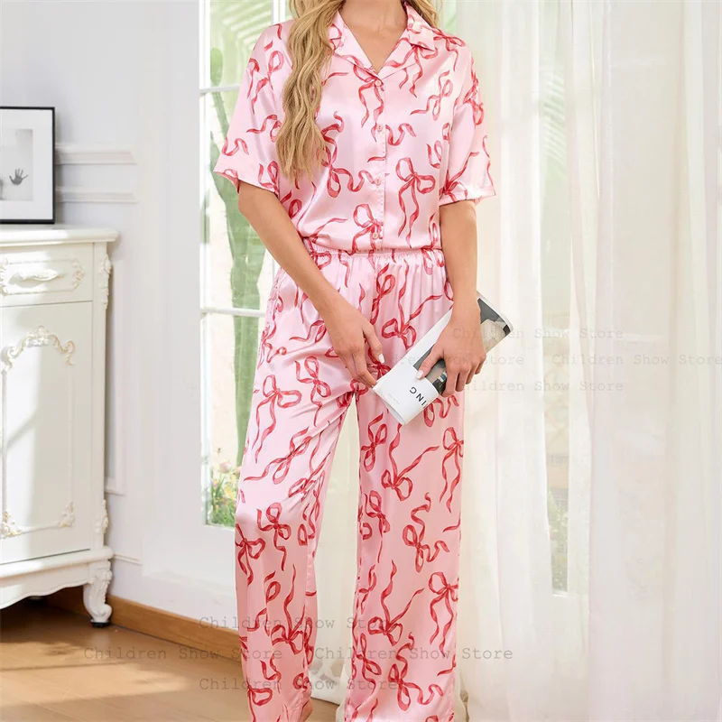

Short Sleeve Pajamas 2Pcs Pink Bow Satin Sleepwear Women Silkly Nightwear 2Pcs Loungewear Summer New Home Clothes Outfit