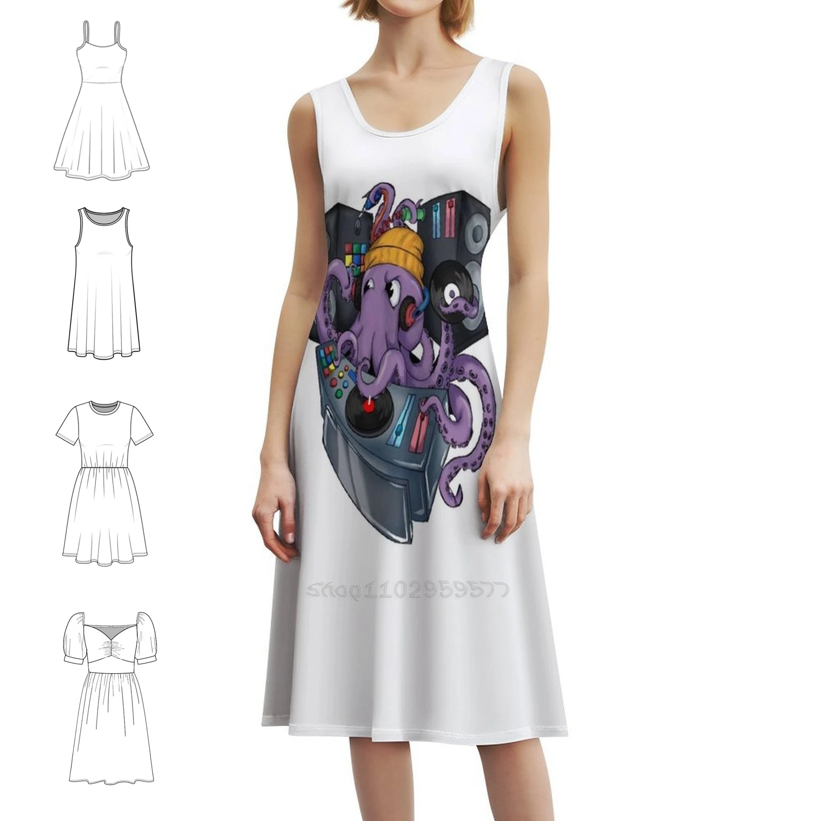 

Dj Octopus Bohemian Sleeveless Dress Multi-Print Beach Vacation Party Dress Music Dj Electric Ink Ocean Octopus Party Dresses