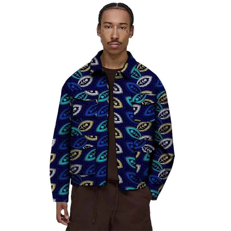 

African Couture Men's Bomber Jacket Vintage Print Stand Collar Short Coat Dual-pocket Design On Both Sides