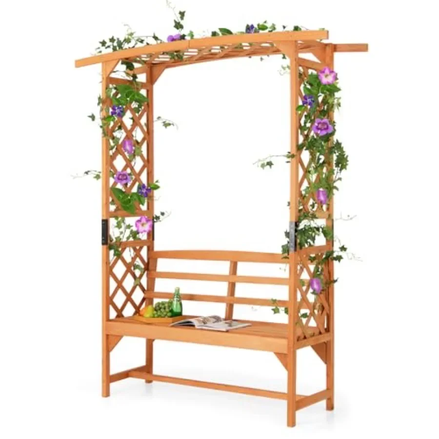 Wooden patio garden arbor with bench and side trellises for outdoor relaxation, natural wood finish, durable cedar construction