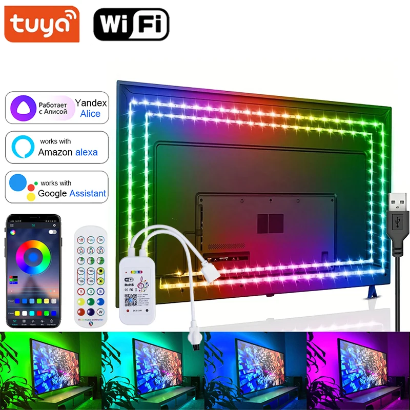 Bande lumineuse LED RVB Tuya, WiFi, USB, 5V, 5050, DivisRGB, Musique, Smart Life, TV