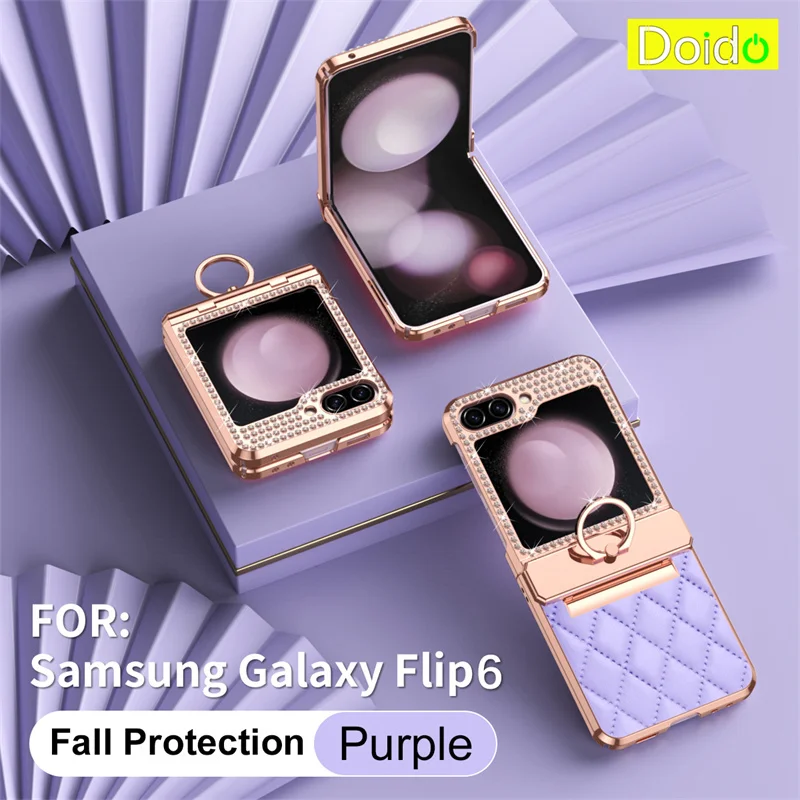 Diamonds Leather Case for Samsung Galaxy Z Flip 6 5 With Hinge Ring Holder Z Flip 4 Flip3 Shockproof Plating Cover