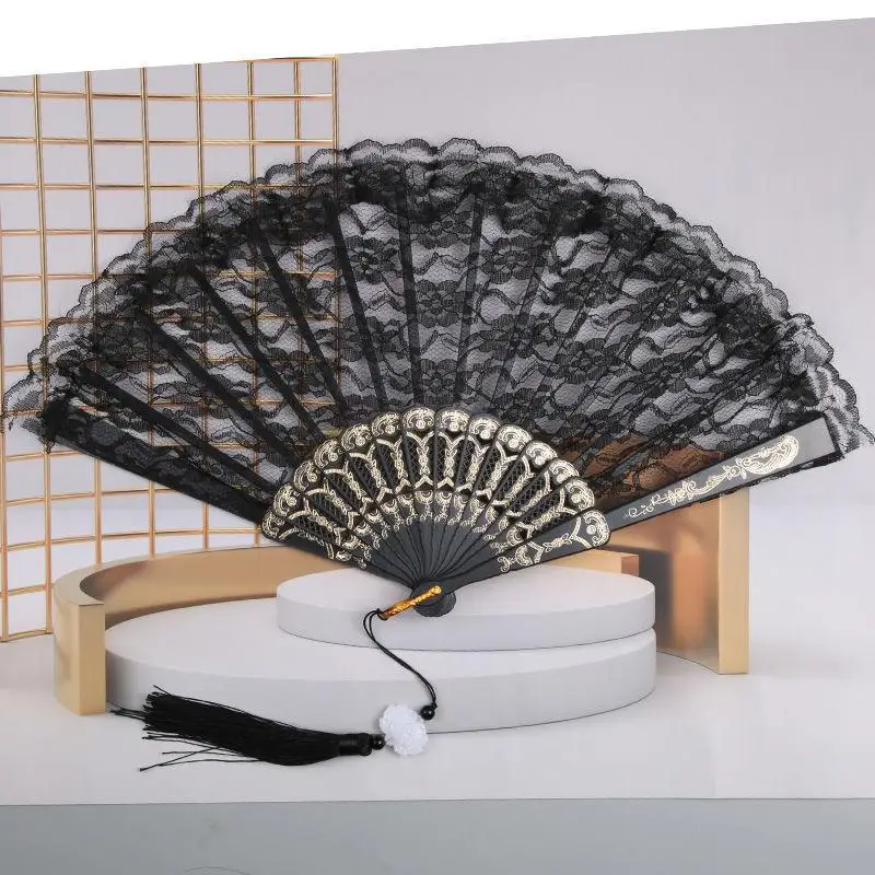 Lace Folding Hand Fan Hollow Retro Design with Soft Tassel Lightweight Portable Fan for Hanfu Costume Photo Shoot