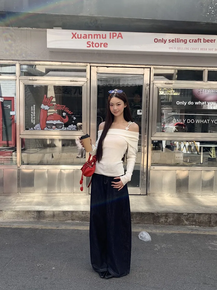 

White Off-oulder Knitted Sweater Women's Faionable Lazy Sle New Arrival 2025 Autumn Season Polyester Acrylic Nylon Wool...