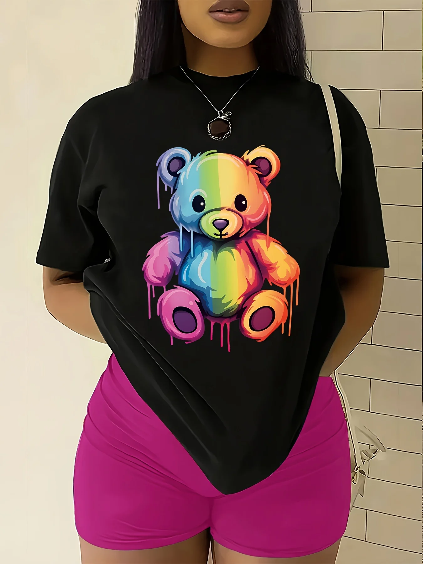 

Bear Print Crew Neck T-Shirt, Casual Short Sleeve T-Shirt For Spring & Summer, Women's Clothing