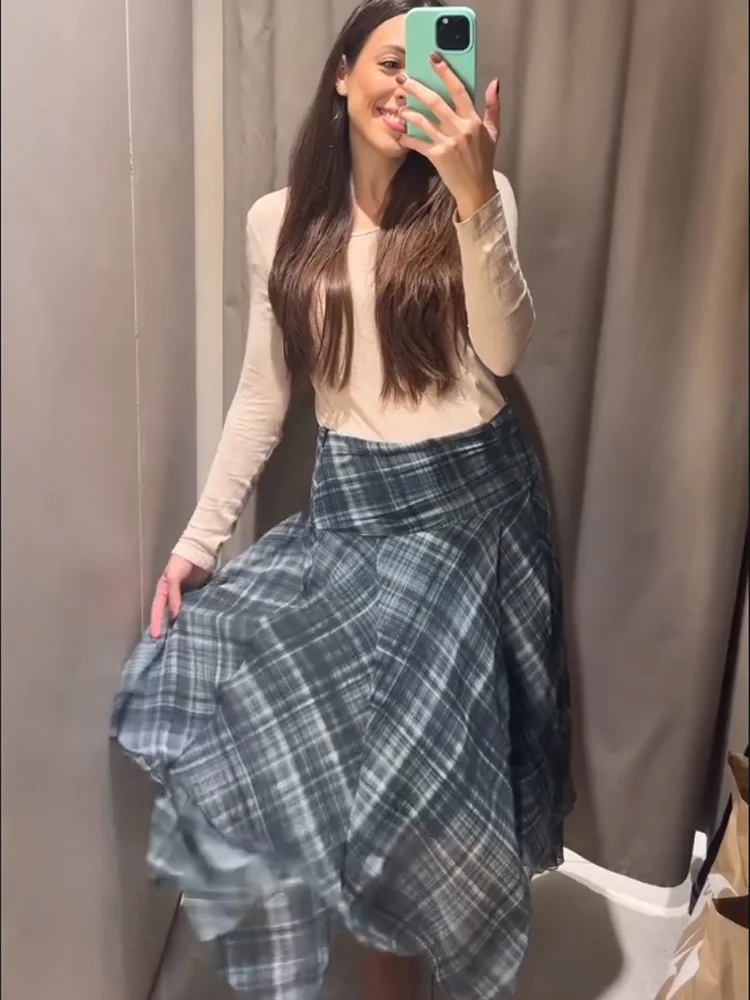 

HH 2026, женская весенняя модная нежная асимметричная плиссированная юбка в клетку с украшением, женская повседневная универсальная юбка для поездок на работу