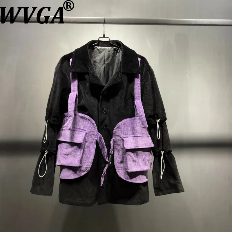 

WVGA Autumn Winter New Men Tide Patchwork Trendy Turn-Down Collar Suit Jacket Niche Chic Casual Strap Vest Coats Punk Ins W17338