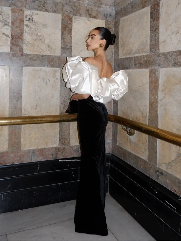 Black White Contrasting Puff One Neck Slim Woman Dress Sexy Backless Fishtail High Waist Long Dresses New Evening Party Robe