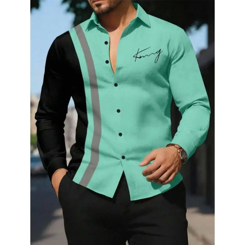 Colorblock Print Shirt Men's Ultra Slim Fit Shirt Contrast Color PU Leather Fleece Lined Cuban Collar Three-quarter Sleeve