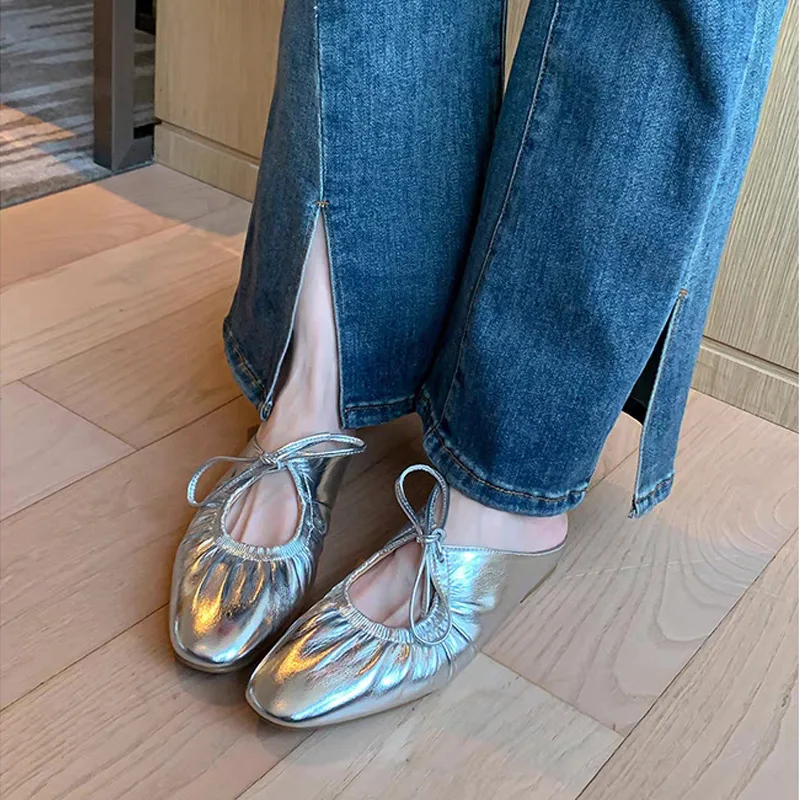 Silver Mary Jane Shoe Summer New French Retro Flat Shoe Round Toe Soft Sole Women Shoe Fashion Slippers Allmatch Casual Sandals