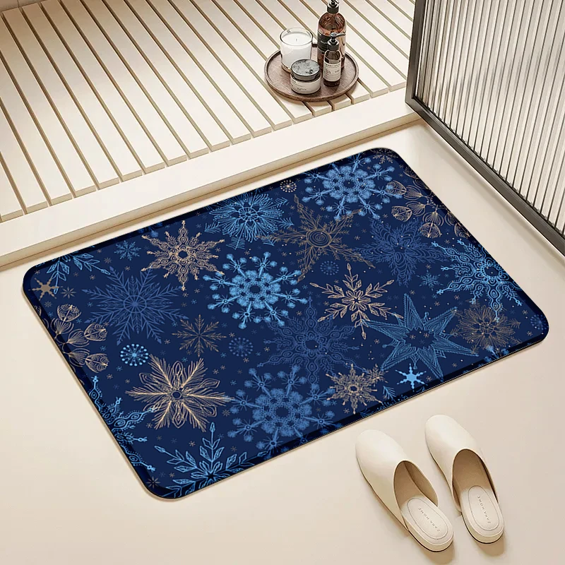 

Navy Blue Snowflake Door Mat Non-Slip Absorbent Floor Rug for Home Winter Holiday Bathroom Decor