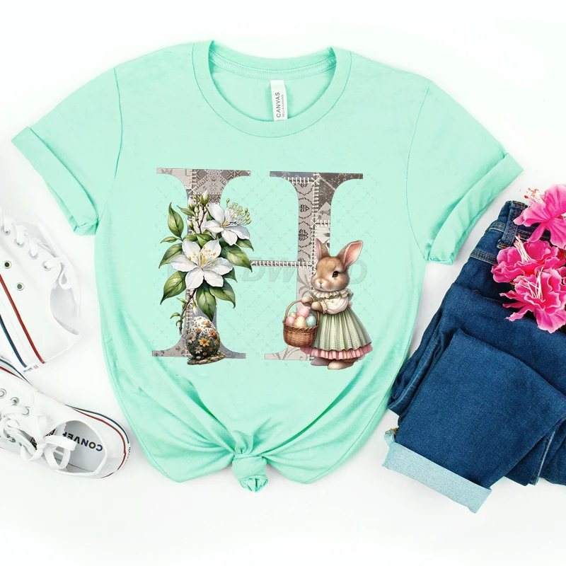 Easter Letters A B C D Classic Tops Tees Women Floral Rabbit Bunny Vintage T Shirts Happy Easter Gift 26 Alphabet Flower T-shirt